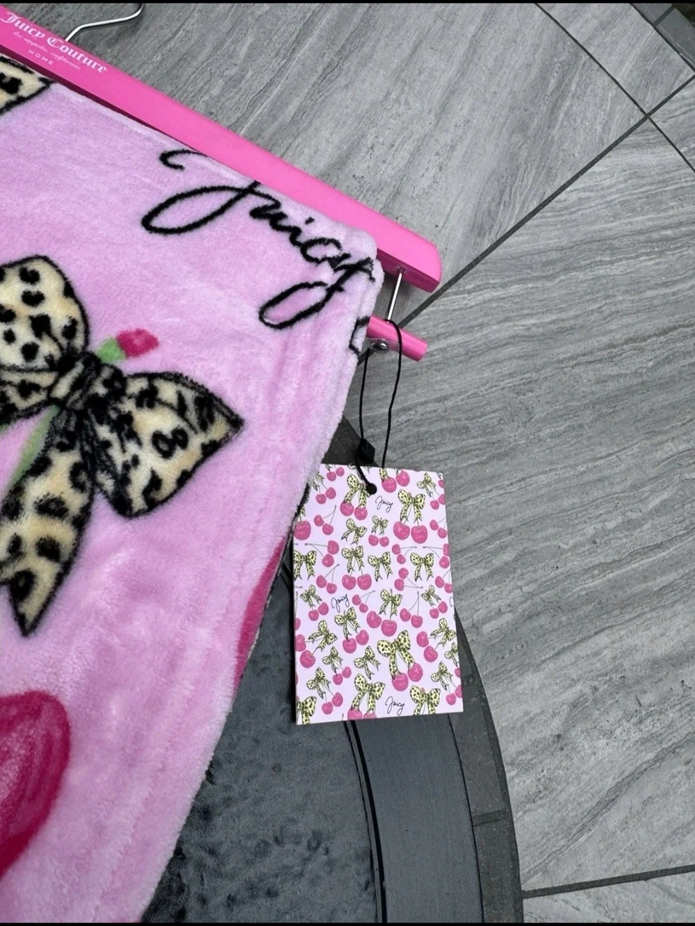 Juicy Couture Pink Cherry & Leopard Bow Plush Ovetsized Throw Blanket